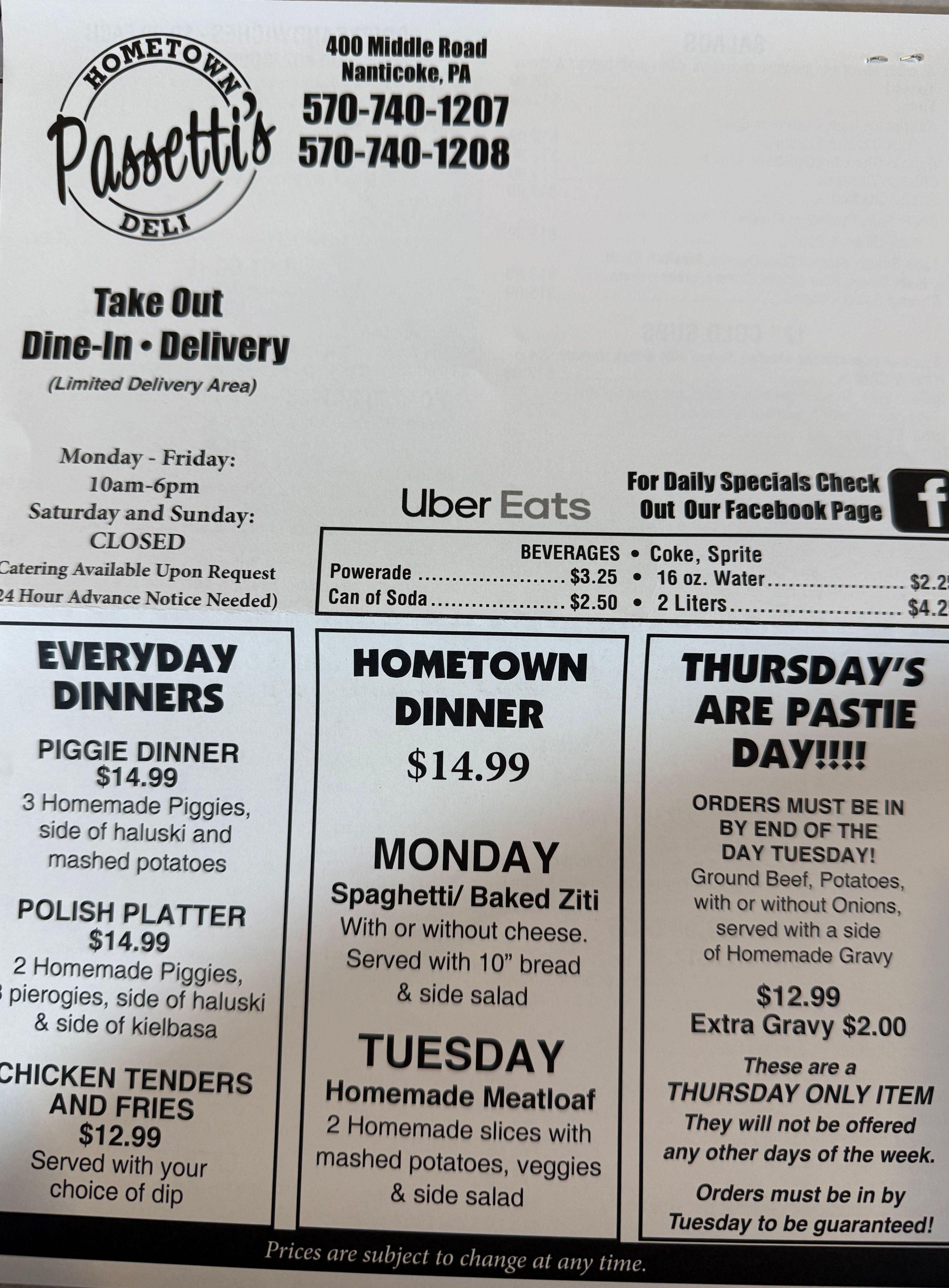 The printed Passetti’s takeout menu showing the dinners, beverages and Thursday pastie day