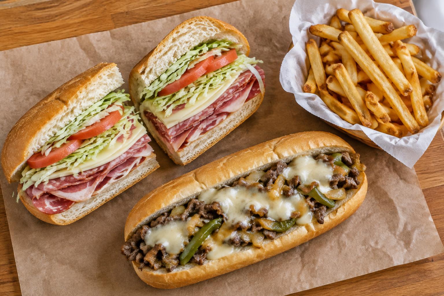 An Italian sub cut in half, a hot cheesesteak and a basket of fries on brown paper at Passetti’s